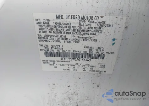 2010 Ford Taurus Sel z USA, uszkodzony, nr VIN 1FAHP2EW5AG156363